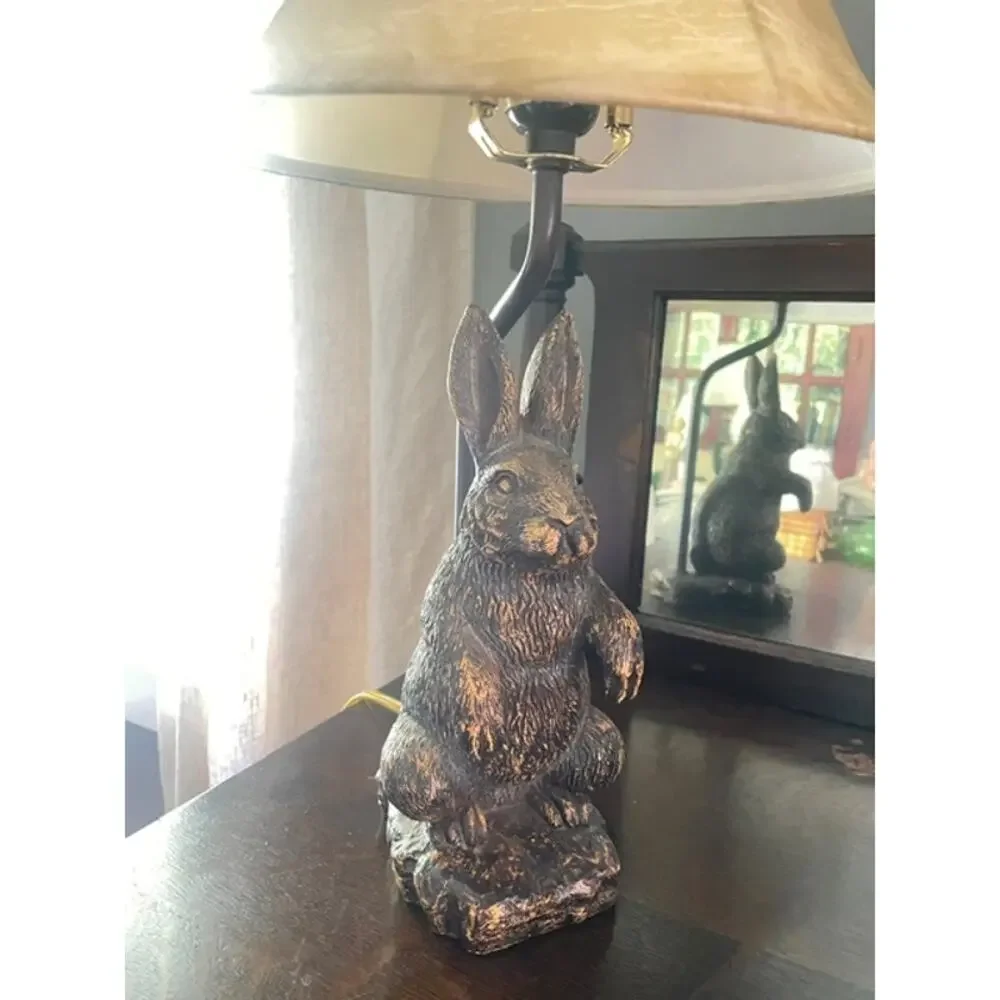 Vintage Bronze Tone Rabbit Table Lamp Woodland Cottagecore Nursery Decor Light